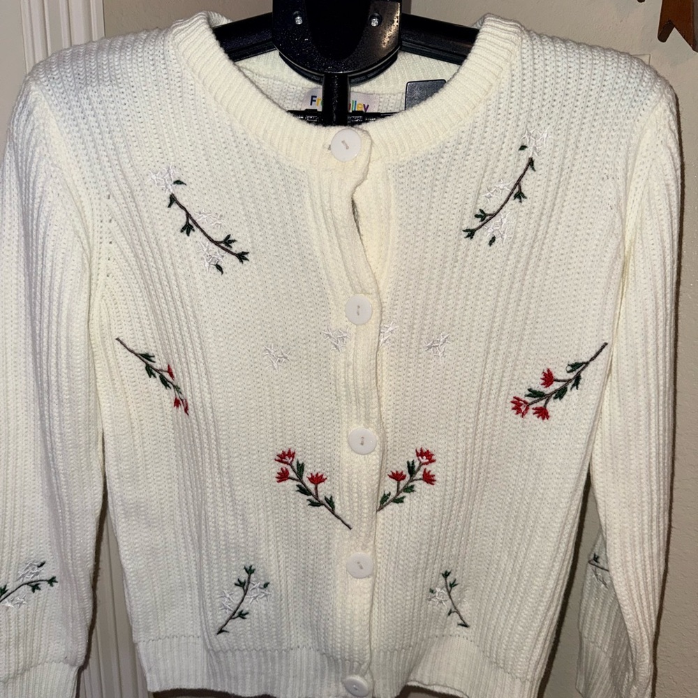 Vintage Free Valley Floral Embroidered White Button Up Cardigan Sweater